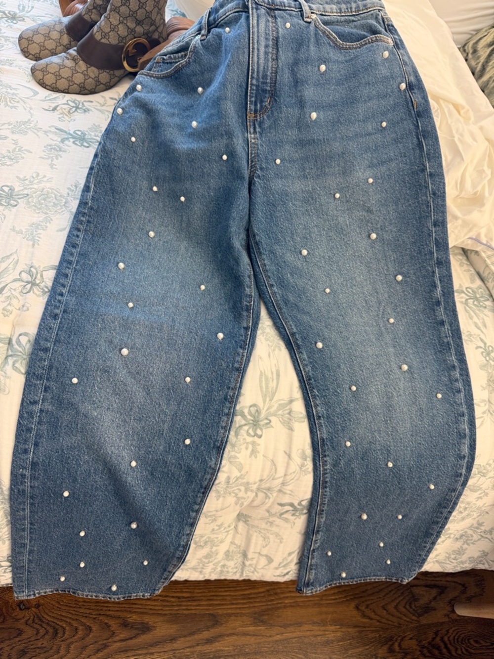 LOFT Pearl-Studded Straight-Leg Jeans - Blue Denim
